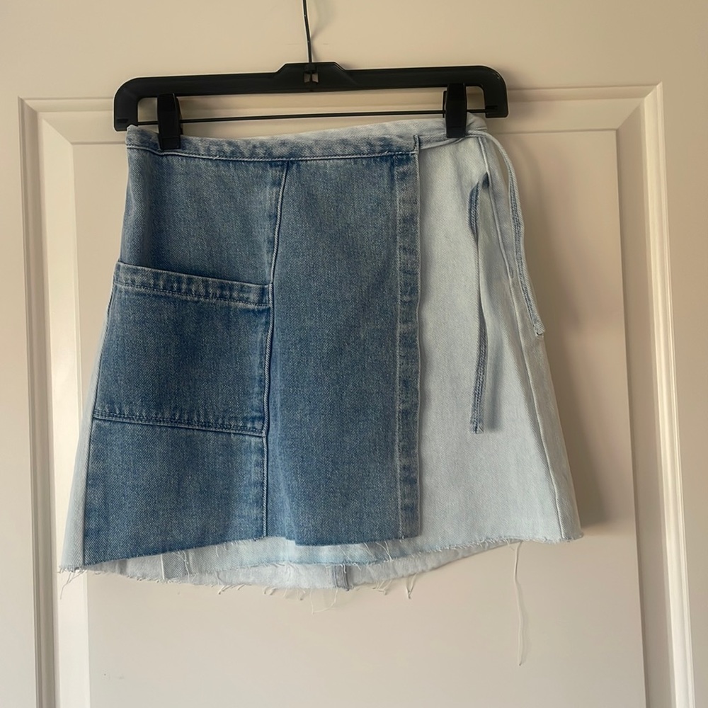 Denim patchwork wrap skirt